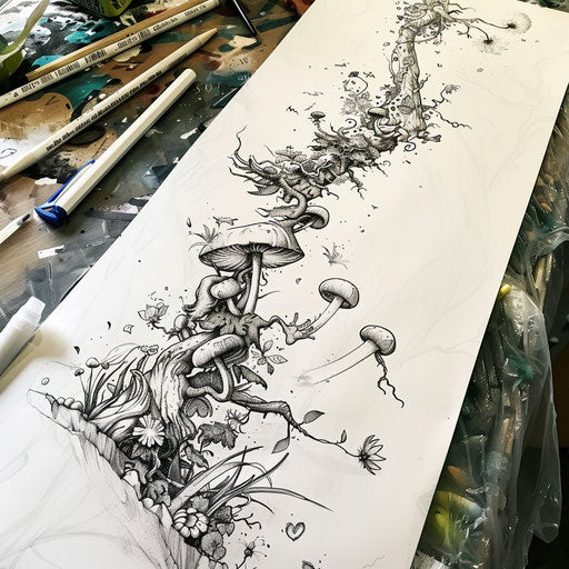 Whimsical Wonderland landscape tattoo concept sketch