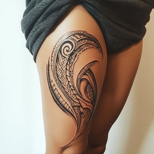 Thigh tattoos for females in the style of Ami James featuring a bold tribal design