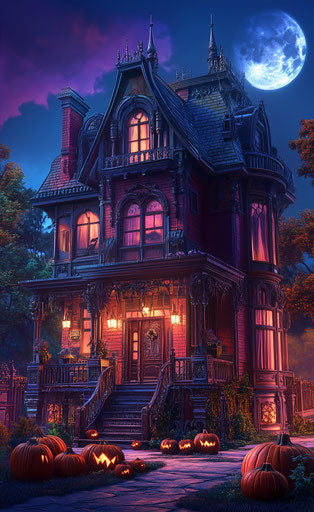 Halloween haunted house with pumpkins, dark fantasy illustration