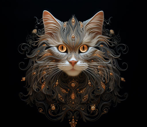 Long haired cat on black background, light brown and maroon