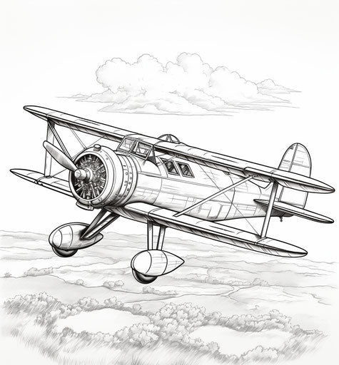 Drawing of a plane coloring page, comic art style, vintage atmosphere, antique subjects 27:29