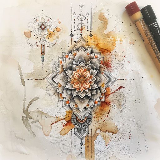 Bohemian tattoo sketch of a cross stitch tattoo with mandala designs and earth-toned color