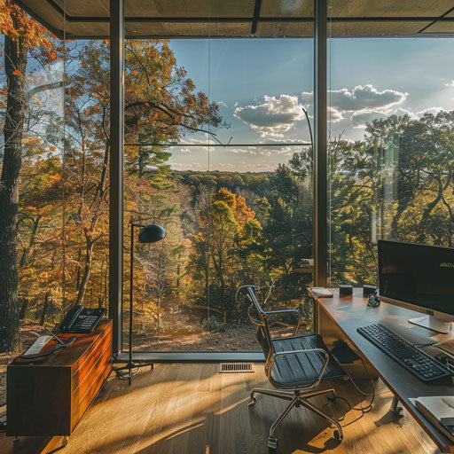 Home office with panoramic outdoor view