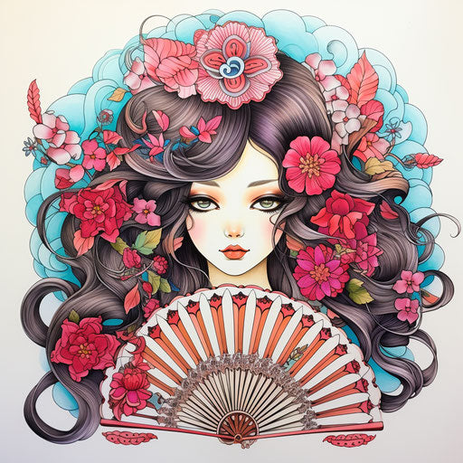 Fan coloring page, neo-traditional Japanese style, poignant, pretty