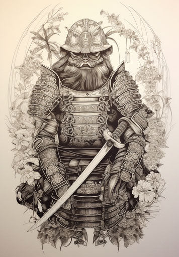Japanese samurai warrior in pointillist stippling style