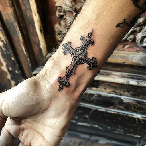 Men's wrist tattoos gothic cross Gerald Brom style