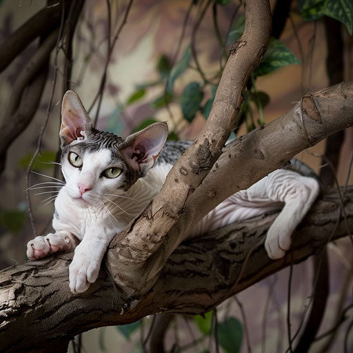 Cornish rex cat lying on a tree branch