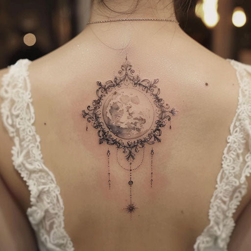 Flat and elegant tattoo sketch of full moon with delicate lace patterns and soft colors