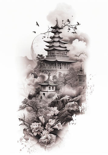 Asian temple in black and white, tattoo inspired style