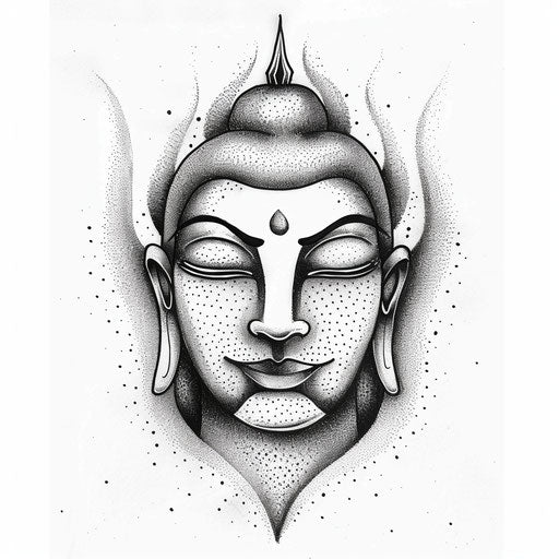 Flat clipart style sketch for dotwork tattoo, serene Buddha face with half-closed eyes and peaceful expression