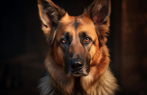 Cj's German Shepherd dog, distinctive facial features, light red and dark amber