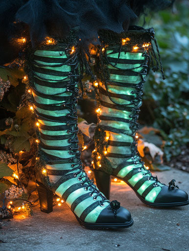 Striped tall green boots with LED lights, spooky Halloween decor