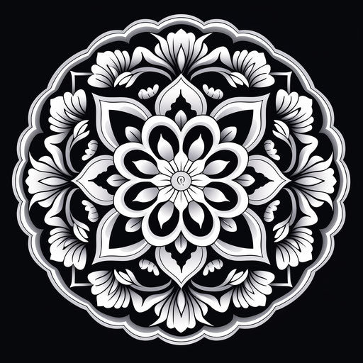 Coloring mandala patterns mandala designs, feminine sticker art style, khmer art, captivating black and silver, flower patterns, precise lines and shapes, Asian-inspired