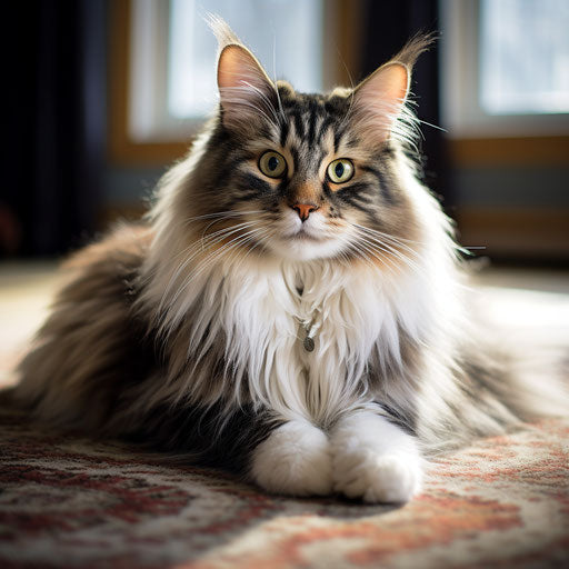 norwegian forest cat laying on a carpet