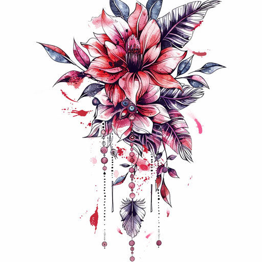 Boho chic floral tattoo with feathers and beads on white