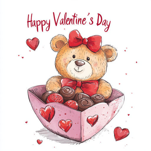 Sweet bear with a red bow on the head, sitting in a heart-shaped box of chocolates.