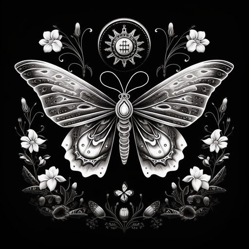 Black and white drawing of butterfly and moth in a book for stoic books