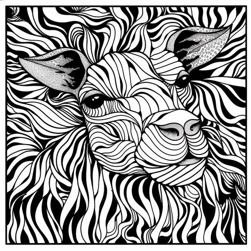 Whimsical animal patterns in the style of Walt Handelsman Coloring book page