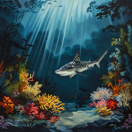 Serene underwater scene with tiger shark swimming gracefully