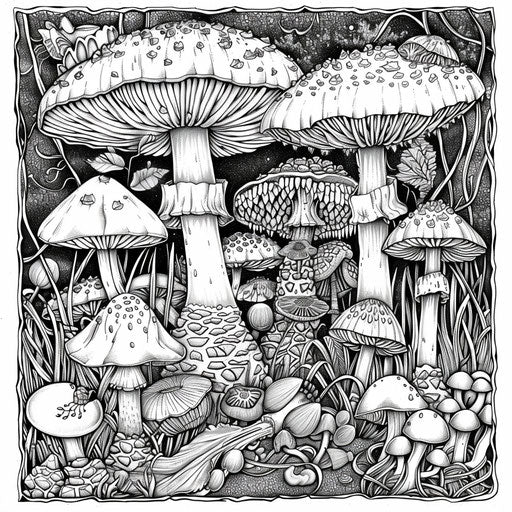 Mushroom garden with tiny creatures, Mark Schultz style