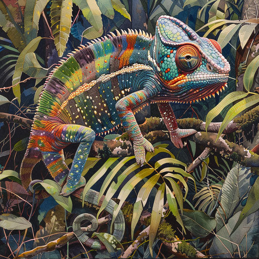 Chameleon navigating dense underbrush of tropical jungle