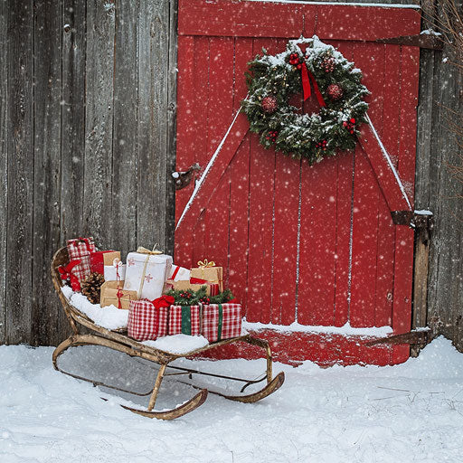 Sled adorned with Christmas wreath and gifts against snowy barn