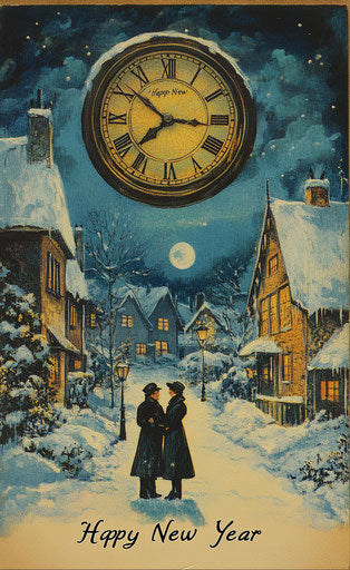 Snowy village with vintage clock and New Year wishes