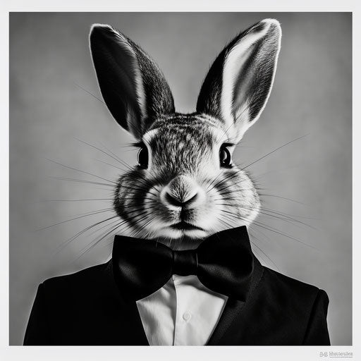 Black rabbit head with bow tie poster, tasteful negative space style