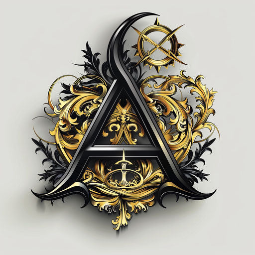 Elegant clipart style tattoo sketch featuring an anarchy symbol with baroque flourishes, black and gold