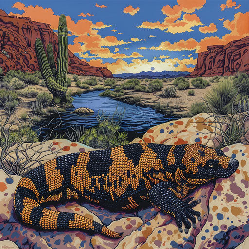 Gila monster near a tranquil desert spring