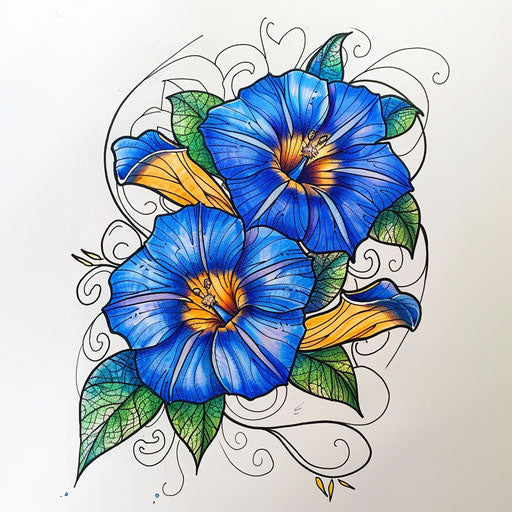 Sketch of sports-themed tattoo with morning glory motif and vibrant team colors
