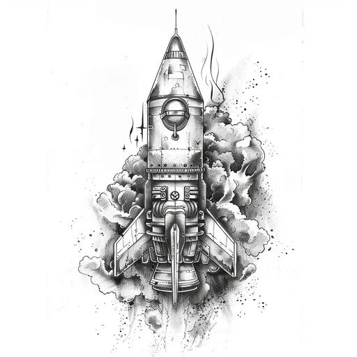 Retro-futuristic rocket tattoo design with mechanical details and steam