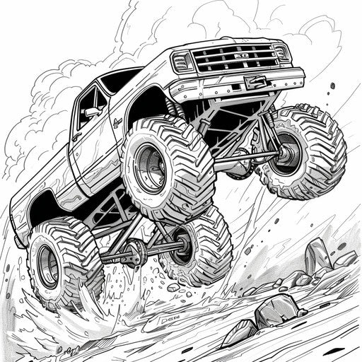 Epic monster truck in action scene like a coloring book page