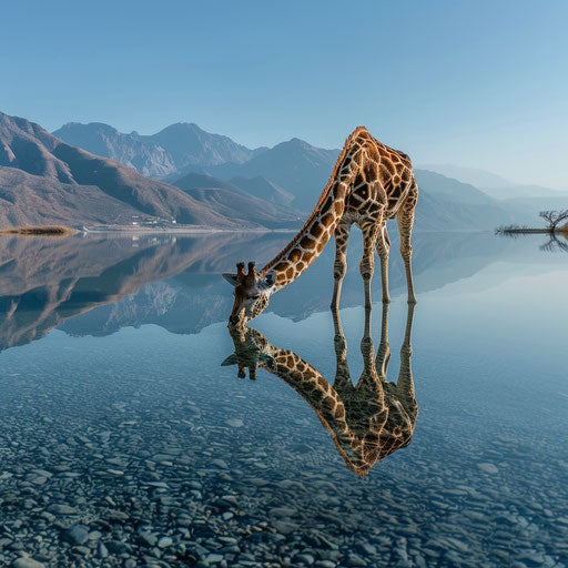 Giraffe bending to drink from crystal-clear lake
