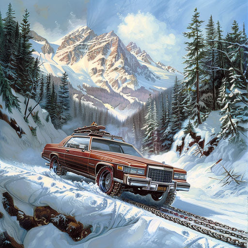 Luxury car on snowy mountain road
