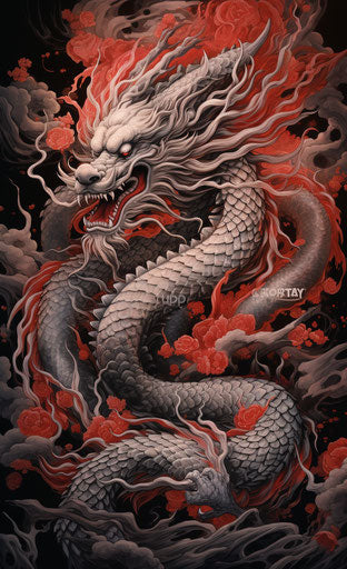 Japanese dragon and fire illustration in dark silver and light red style, Qing dynasty 14:23