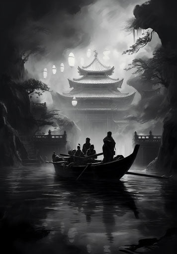 Black and white photo of people and pandies in a boat