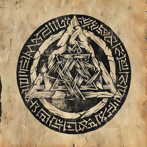 Woodcut tattoo sketch of Valknut surrounded by Norse runes