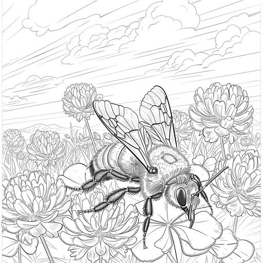 A bee resting on a clover in a meadow. Coloring book page