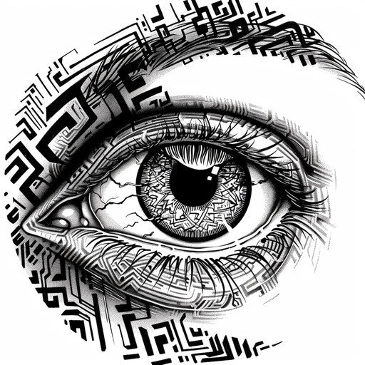Eye in monochrome labyrinth, symbolizing depth