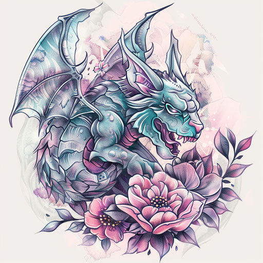 Elegant flat tattoo sketch of a gargoyle with soft pastel tones