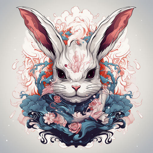 White bunny tattoo on grey background, colorful chaos style
