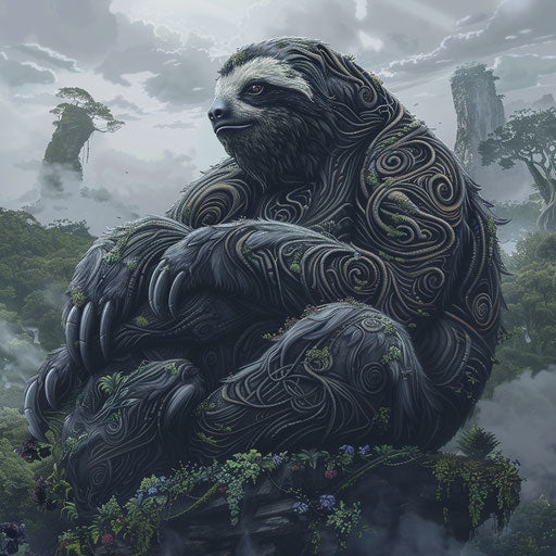 Giant sloth in an artistic landscape with intricate fur details