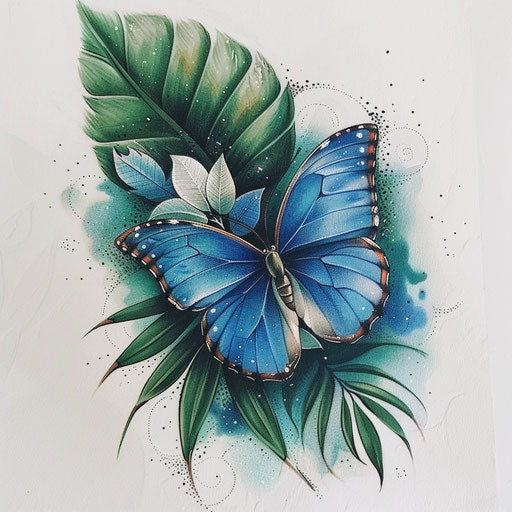 Blue butterfly on green leaf