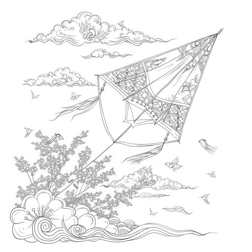A kite soaring high with a long tail. Coloring book page