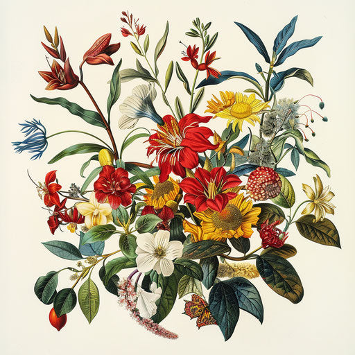 Botanical illustration of exotic flowers and plants, Merian style