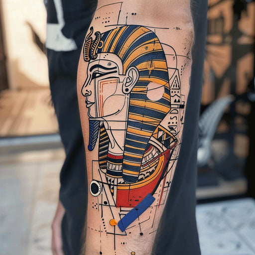 Dynamic flat tattoo sketch of a pharaoh with a modern abstract background
