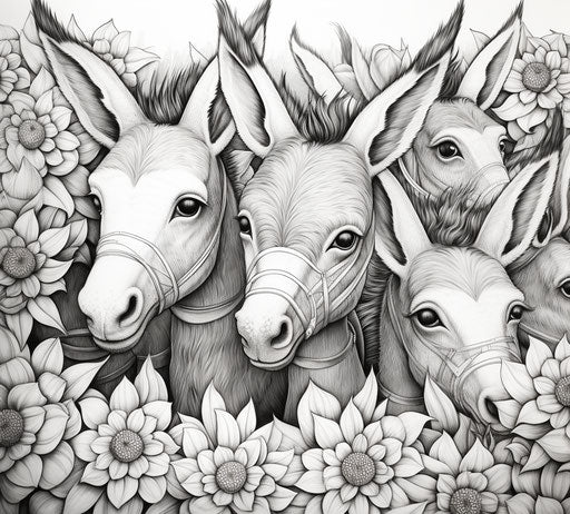 Cute donkey pattern coloring pages, in the style of absurdist, high definition