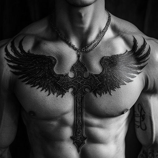 Christian tattoos for men with a gothic cross with wings on the chest