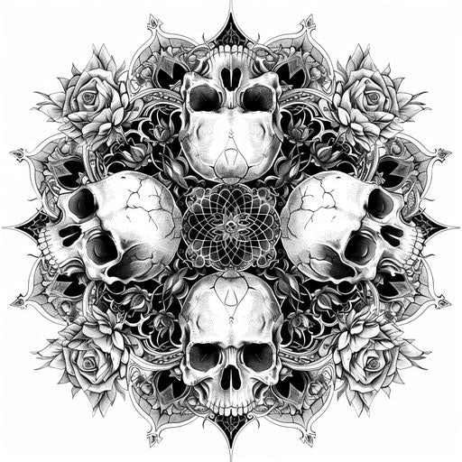 Intricate gothic mandala, blending elements of skulls, roses, and thorns, rich in detail and contrast, on a clean white background.